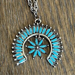 Squash blossom fashion necklace, silver tone and faux turquoise, unmarked